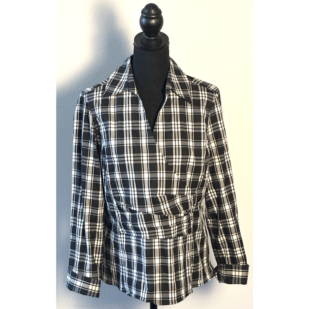 Talbots Women's 12P Petite Shirt Top Black Pullover Plaid‎ Cotton Wrap V-Neck